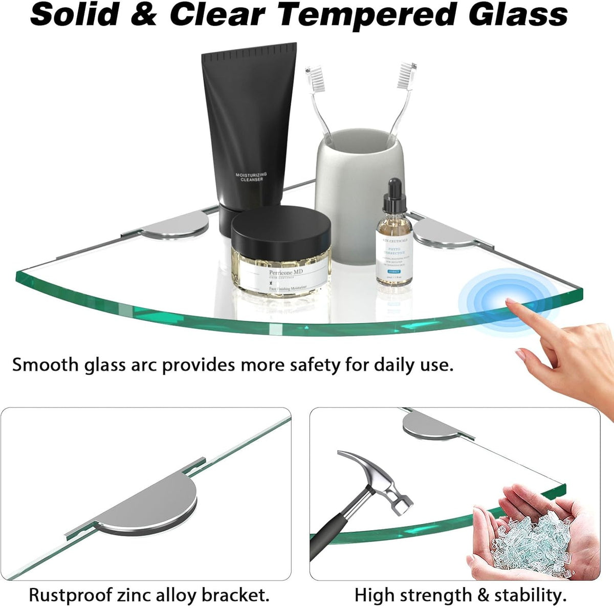 Corner Glass Shower Caddy 2 Pack 8MM-Thick Tempered Glass Shelf No Drilling Wall Mount Corner Mounted Shelves Space Saver Adhesive Bathroom Home Shelf Shampoo Holder Organizer Strong Adhesion