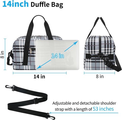 Apenze Small Gym Bag - Lightweight 14-Inch Mini Duffel for Travel & Sports - Gray White Plaid