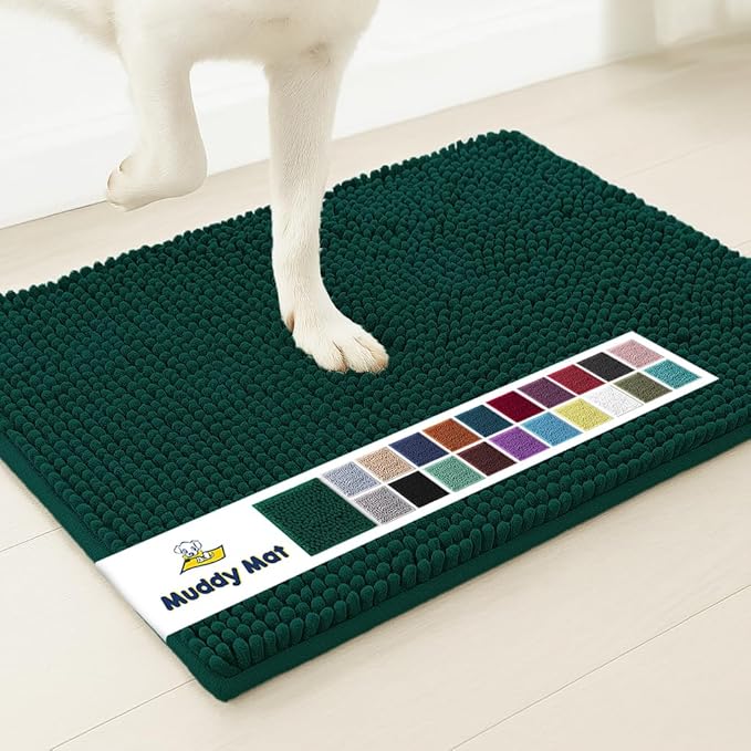 Muddy Mat® | Super Water Absorbent Door Mat Indoor, Microfiber Quick Dry Chenille Entryway Rug, Slip Resistant Front Door Mat, Indoor Mats for Entryway, Machine Washable Pet Rug, Dark Green 24"x36"