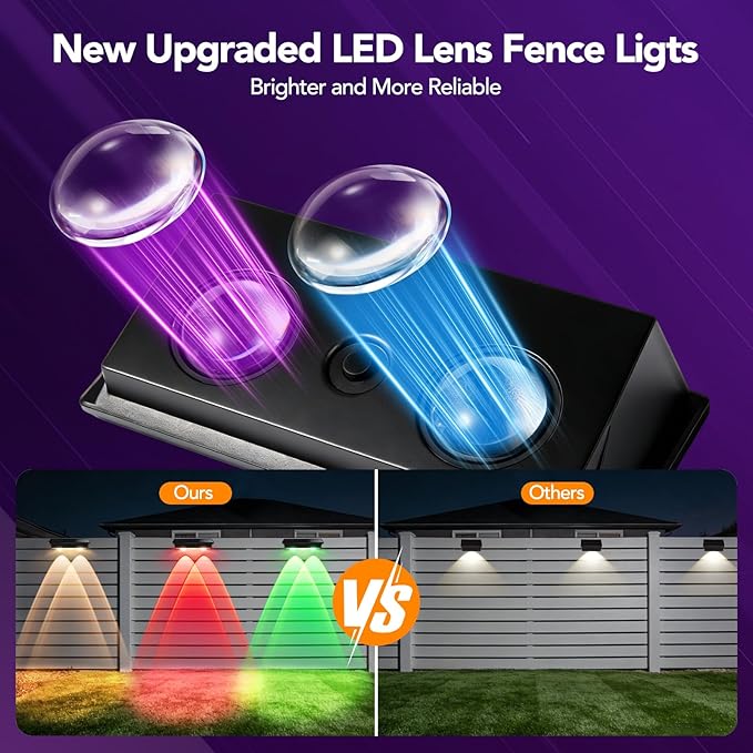 Solar Fence Lights Outdoor 8Pack, Warm White & RGB 6 Color and Glass Panel, Waterproof High Brightness Solar LED Spot Lens Deck Lights for Outside Stairs, Porch Step, Railing, Backyard, Patio