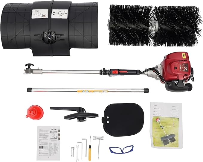31CC 4 Stroke Gas Hand Held Sweeper, 1.4HP Outdoor Backpack Broom Lawn Sweeper with Single Cylinder & Air-Cooled, Artificial Grass Brush Gasoline Powered Broom for Driveway Street Turf Snow