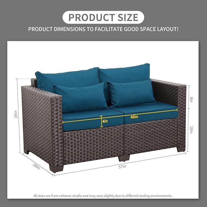 Rattaner Outdoor Furniture Loveseat Sofa Patio Furniture Small Sofa 2 Seater Couch with Anti-Slip Cushions Lumbar Pillow and Waterproof Cover, Peacock Blue