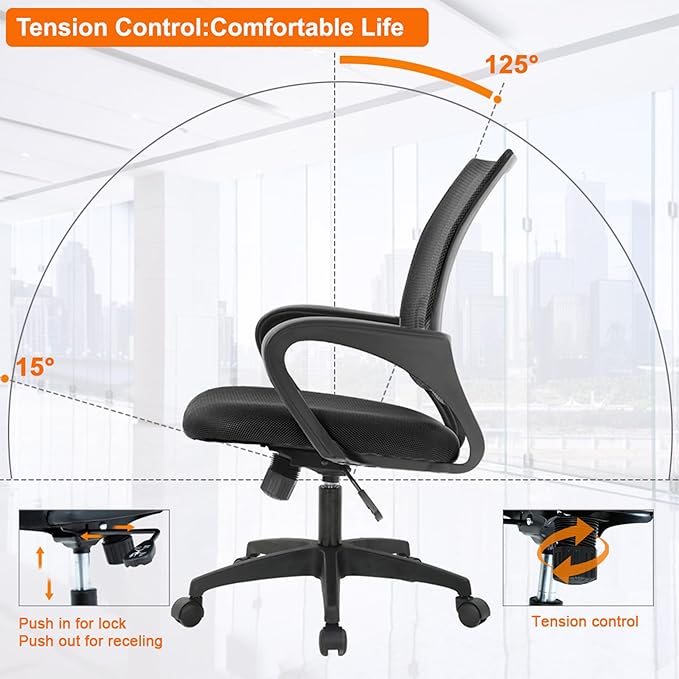 BestOffice | Ergonomic Office Chair | Mid-Back Swivel Desk Chair | Breathable Backrest & Lumbar Support | Adjustable Height | Sponge Seat | Rolling Wheels | Black | for Adults & Women | Pack of 2
