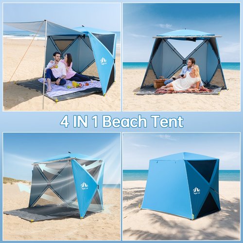 Night Cat Pop-up Beach Tent: 3 4 Persons Beach Shelter with Canopy and Footprint, UPF 50+ UV Protection Backyard Camping Outdoor Canopy Poles Not Included