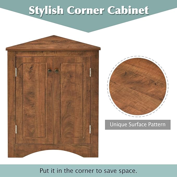Corner Storage Cabinet with Adjustable Shelves, Triangle Bathroom & Kitchen Organizer, Freestanding Floor Cabinet for Toilet Kitchen Bathroom Cleaning Supplies (Brown)