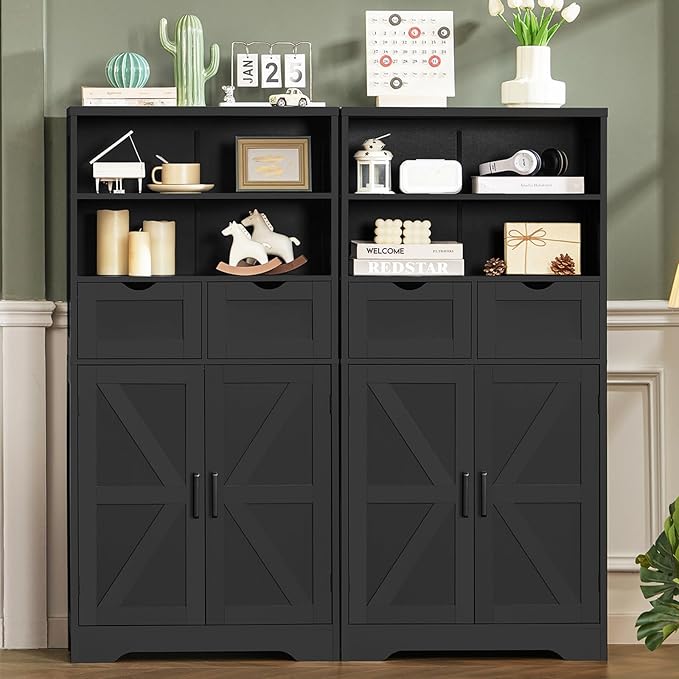 TEENFON Storage Cabinet with Doors & 2 Drawers, Kitchen Cabinet with Adjustable Shelf, Pantry Cabinets, Bathroom Cabinets, for Living Room, Entryway, Home Office, Black
