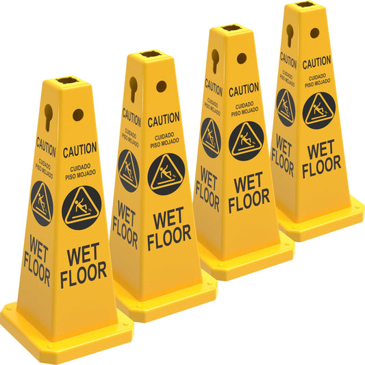 Plastic Traffic Cones, 4-Sided Message Cones, Road Safety Parking Cones, Standing Traffic Warning Signs for Cleaning Area, Garage, No Entry (4, Caution Wet Floor, Large)