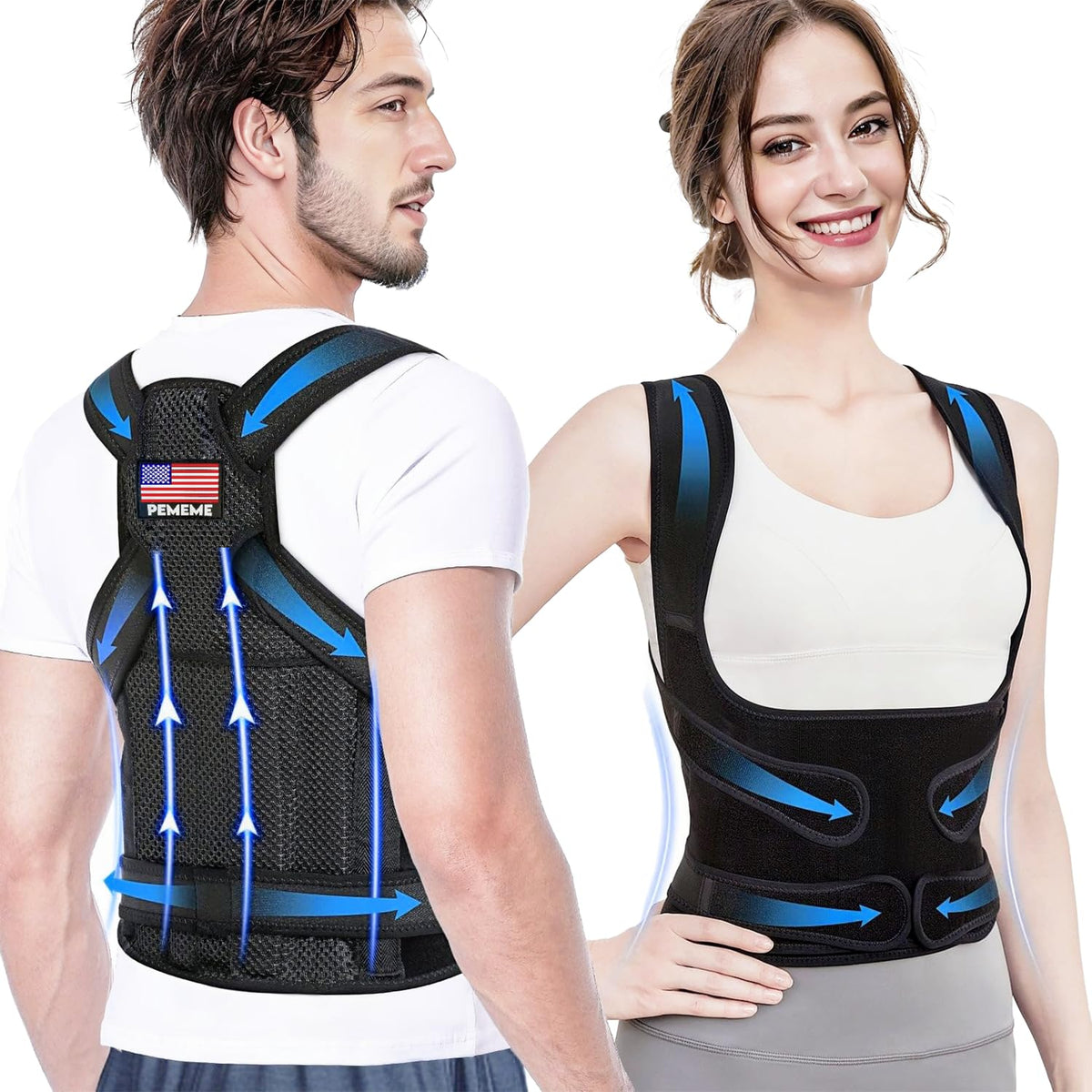 Skiennix Posture Corrector - Adjustable Back Brace for Pain Relief & Lumbar Support | Black, Large