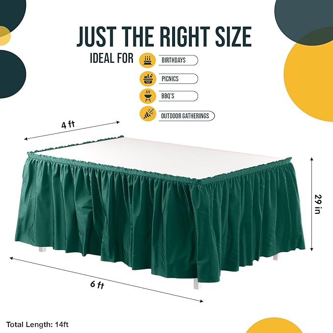 Exquisite Ruffle Table Skirt Dark Green 2 Pack 14 Ft Long Table Skirts for Rectangle Tables 6ft Plus or Round Tables Skirts with Adhesive Strip for Gender Reveal Decor & Happy Birthday Parties
