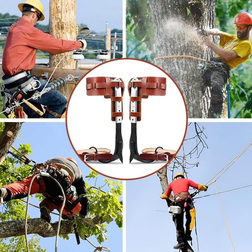 MYCGJH Upgrade Leather Tree Climbing Spikes Set, Adjustable Tree Climbing Gear Pole Climbing Spurs Tool with Harness Belt Scissors & Saw for Climbing Trees, Picking Fruit, Logging