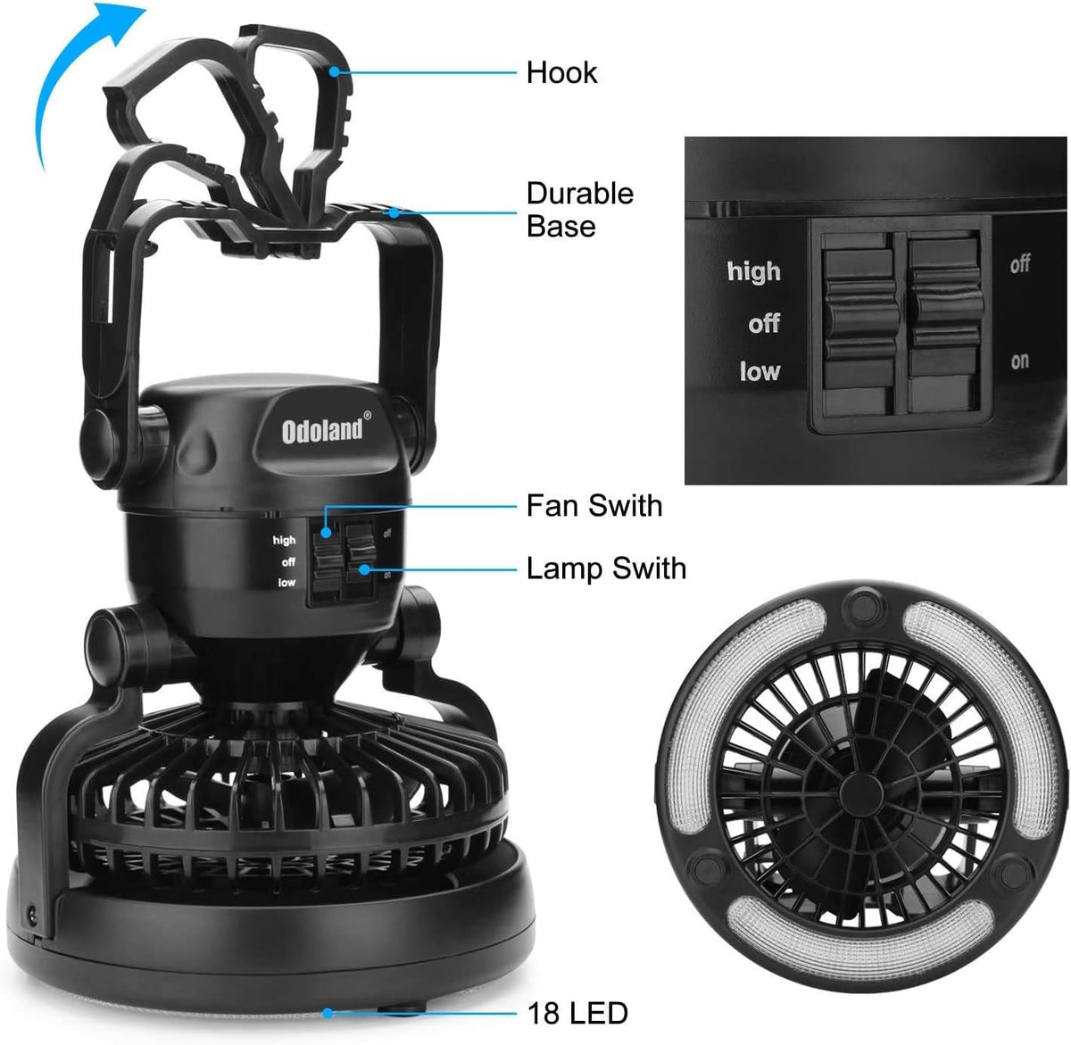 Odoland Portable LED Camping Lantern & Ceiling Fan - Ideal for Hurricane Emergencies