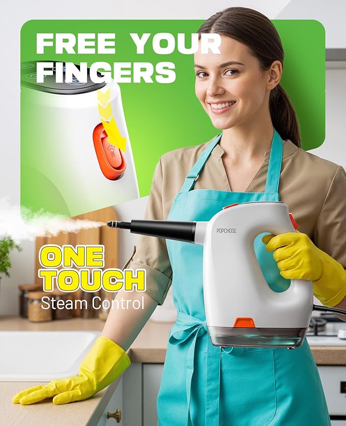 POPCHOSE Steam Cleaner with Detergent Dispenser, 15s Heat-Up Handheld Steam Cleaner for Home, 500ml Removable Water Tank, Lightweight Portable Steamer for Cleaning Grout, Windows, Kitchen, Easy Refill