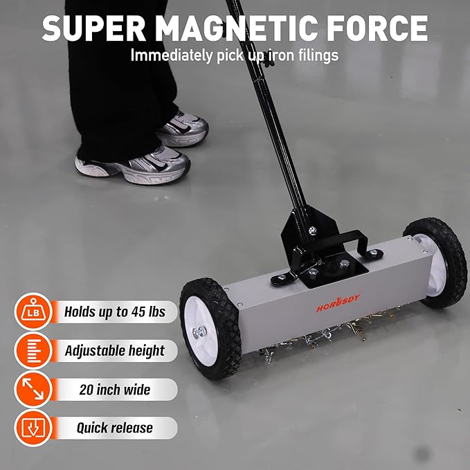 HORUSDY 18-Inch Rolling Magnetic Sweeper with Wheels, Magnet Pickup Sweeper, Push-Type Nail Magnet Sweeper for Workshop, Garage, and Yard Cleanup