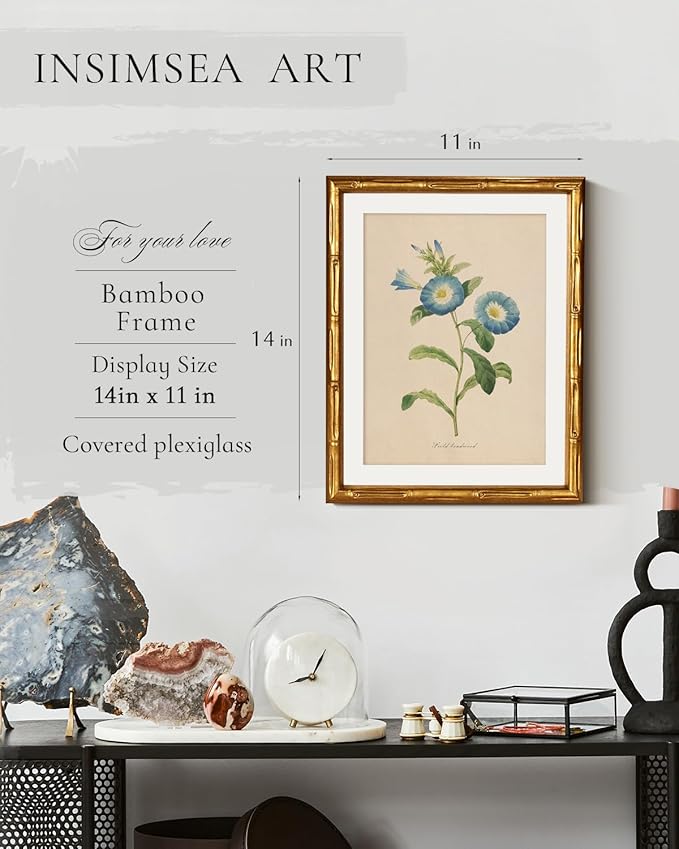InSimSea Gold Bamboo Framed Canvas Wall Art, Retro Blue Field Bindweed