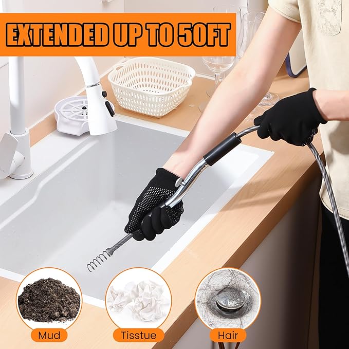 25 ft Drain Auger Plumbing Snake for Heavy Deep Blockages 3/8" Diameter Flexible Plumbing Cables Drain Snake for Kitchen Bathroom Shower Sink Cleaning Drainage Clogs