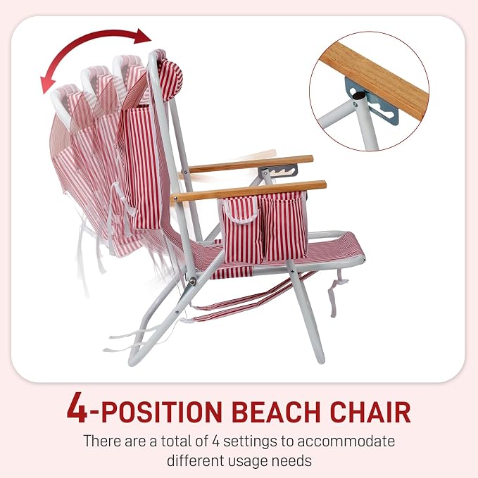 Outvita Folding Beach Chair, 4 Position Adjustable Reclining Lounge Chair with Padded Headrest, Large Rear & Side Storage Pockets, Lightweight Portable Outdoor Chair for Beach Pool Garden BBQ