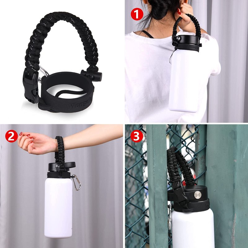 Wongeto 2.0 Paracord Handle with Shoulder Strap Compatible with Hydro Flask 2.0 Wide Mouth Water Bottle 12oz to 64oz-Water Bottle Strap Carrier for Gym School Running Walking Camping (Black)