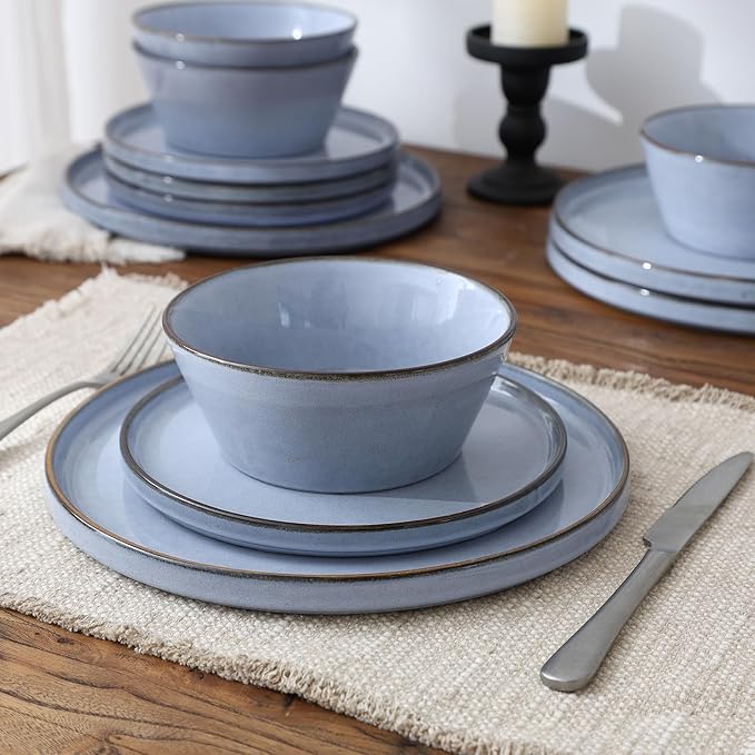 Famiware Plates and Bowls Sets, Annecy Stoneware Dinnerware Sets for 8, 24 Pieces Dish Set, Plate with Lip Edge, Reactive Glaze Tableware - Microwave & Dishwasher Safe, Reactive Blue
