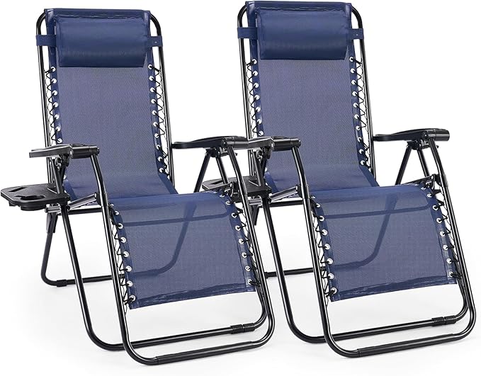 Alpen Folding Lounge Chair Outdoor Set of 2, Lawn Chairs Adjustable & Foldable with Side Table Headrest, Portable Blue Reclining Camping Chair for Outdoor Camping, Blue