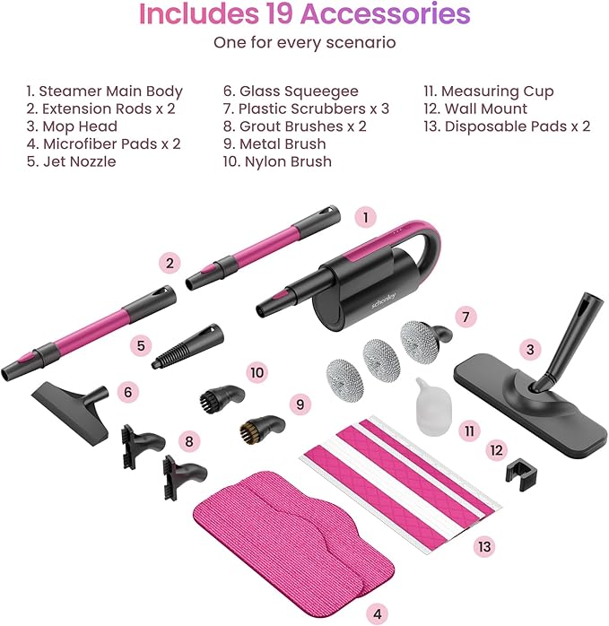 Schenley 19-in-1 Steam Mop Dual-Rod Design with Detachable Handheld Steamer for Walls, Grouts, Hard Floors, Tiles, includes Multi-purpose Accessories, Washable Microfiber Pads and Disposable Pads