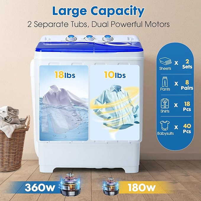 Portable Washing Machine Twin Tub - 28lbs Compact Washer(18lbs) and Dryer(10lbs) Combo with Drain Pump - Mini Laundry Machine for Apartments, Dorms, RVs, and Camping - Blue