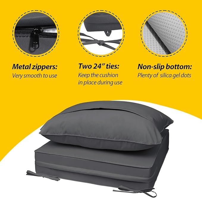 AAAAAcessories Outdoor Seat Cushions for Chairs, Fade-Resistant, Waterproof Patio Furniture Replacement Cushions, 25.5" x 25.5" x 5" + 25.5" x 19", Dark Gray