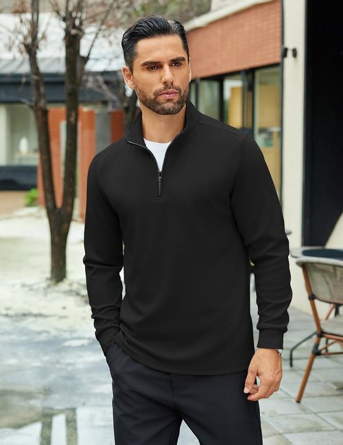COOFANDY Men's Lightweight Quarter Zip Pullover Sweatshirt - Casual Long Sleeve Polo Shirt