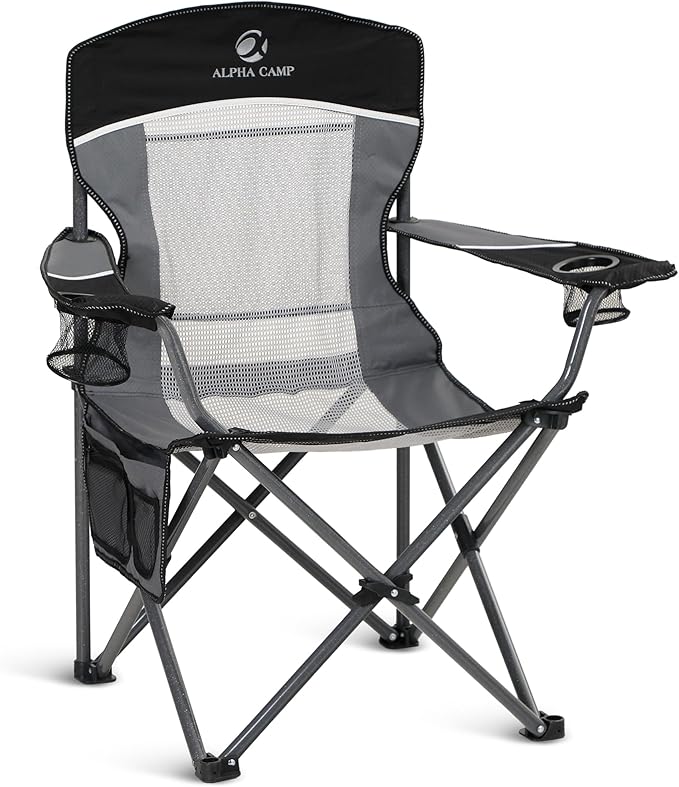 ALPHA CAMP Heavy Duty Camping Chair 500LBS Capacity, Oversized Folding Chair for Heavy People, Padded Portable Outdoor Chair with Cooler Bag & Cup Holder for Camping, Fishing, Beach
