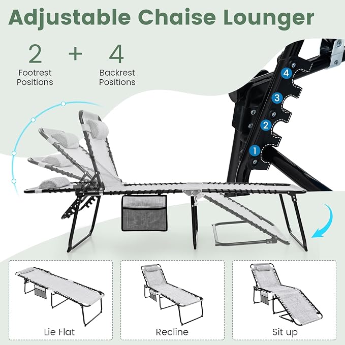 Tangkula Beach Lounge Chair for Outside, Folding Chaise Lounge Outdoor with 4-Position Backrest, Removable Headrest and Side Pocket, Portable Sunbathing Tanning Chair for Patio, Poolside (1, Grey)