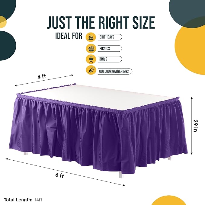 Exquisite Ruffle Table Skirt Purple 2 Pack 14 Ft Long Table Skirts for Rectangle Tables 6ft Plus or Round Tables Skirts with Adhesive Strip for Gender Reveal Decor & Happy Birthday Parties