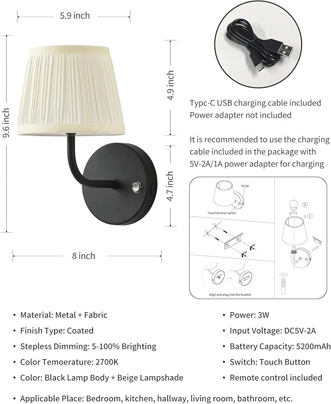 PUSU LED Cordless Black H9.6 inch Small Wall Sconces Set of 2, Rechargeable