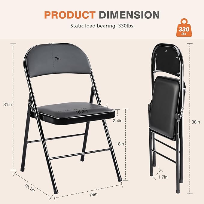 Sweetcrispy Folding Chair 4 Pack, Leather Padded Folding Chairs, Sturdy Metal Foldable Chairs, Easy to Use and Store, Outdoor and Indoor, for Home, Office, Party, Comfy, Black
