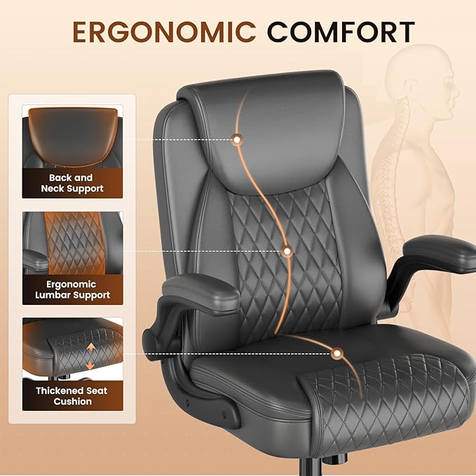 GTPLAYER Leather Office Chair, Home Desk Chair with Flip-up Arms and Ergonomic Back - Comfy Heavy Duty Executive Chair for Home Office Gaming, Gray