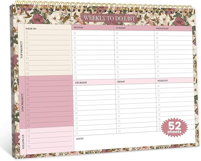 Weekly To Do List Notepad with 52 Undated Sheets（8.5"×11"）- Undated Weekly Planner Notepad for Office Desk Accessories and Supplies - Mauve Muse