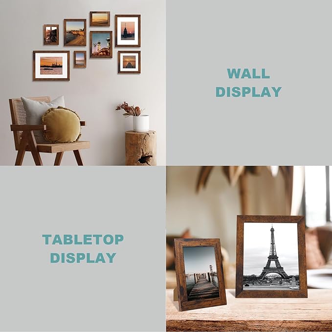 8.5x11 Picture Frame Set of 4, High Definition Real Glass Rustic Frame, Photo Frames 8.5 by 11 Diploma Document for Wall Hanging and Tabletop Display