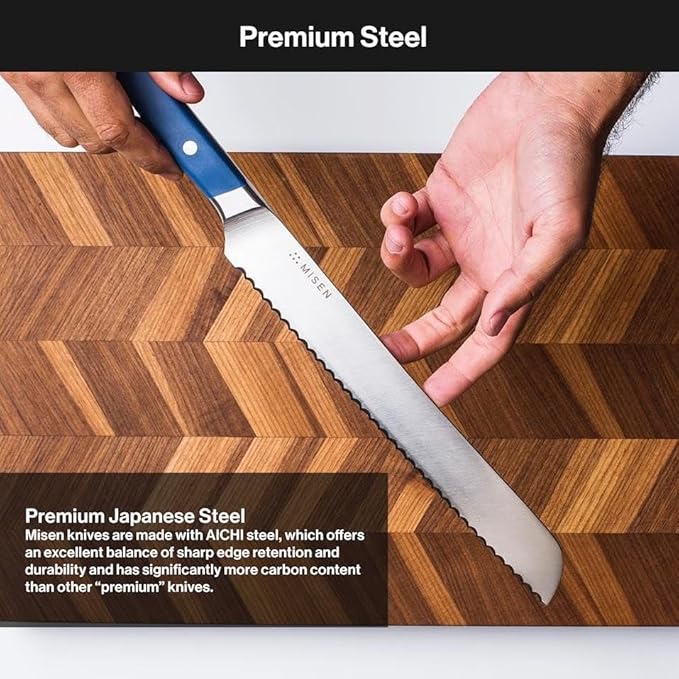 Misen Serrated Bread Knife – High-Carbon Japanese AUS8 Steel – Effortless Slicing of Bread, Pastries, and Fruits – Razor-Sharp Edge and Durable Blade with Ergonomic Handle - 8", Blue
