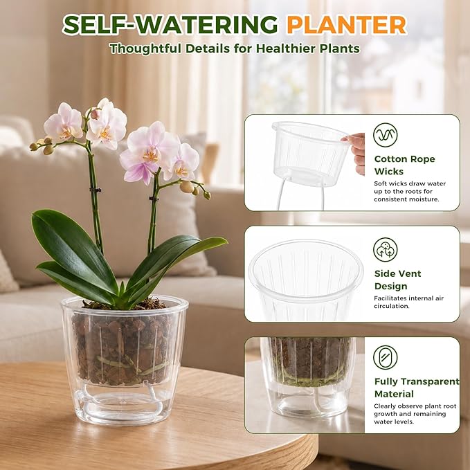 Clear Self Watering Pots for Indoor Plants, 6-Pack 6.7'' Clear Plant Pots with Drainage, Self Watering Planter, African Violet Pot, Semi Hydroponic Pot for Orchids, Flowers, Herbs