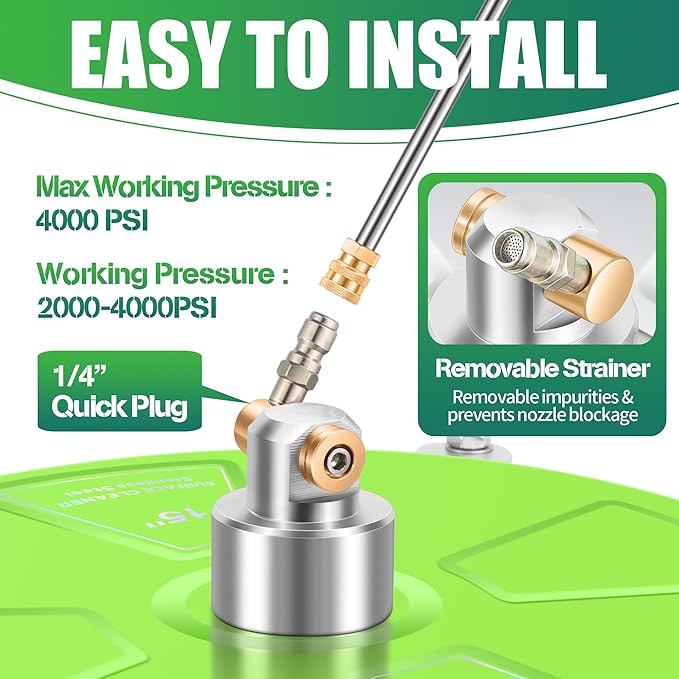 15“ Pressure Washer Surface Cleaner with 4 Wheels - Coated Green Stainless Steel Surface Cleaner for Pressure Washer Attachment for Concrete, Driveway, Patio, Sidewalk, Deck and Driveways - PWS15G