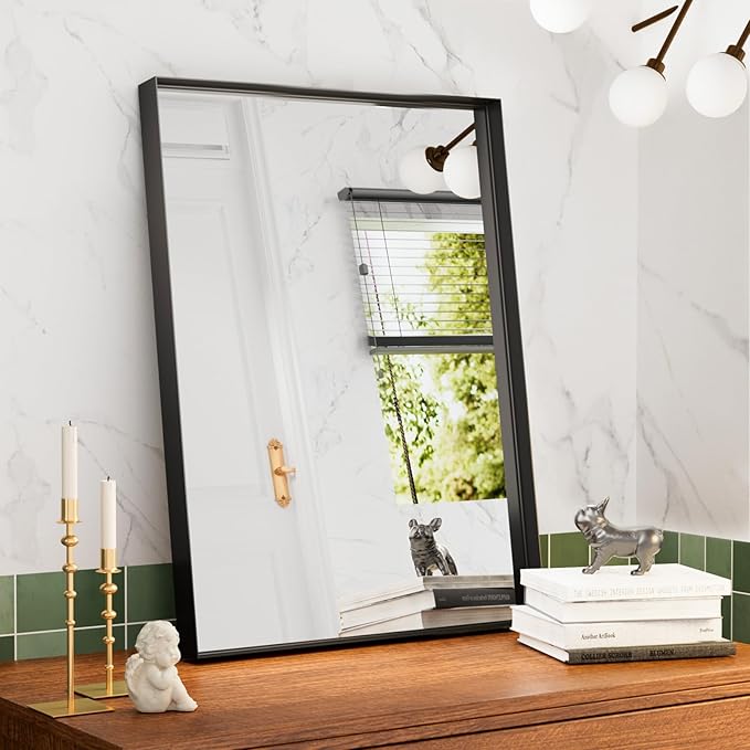 Black Vanity Wall Mirror, 22x 30 Inch Rectangular Bathroom Mirrors for Over Sink, Aluminum Metal Framed Mirror, Tempered Glass, Anti-Rust, Wall Farmhouse Mirrors (Horizontal/Vertical)