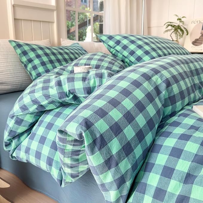 FACE TWO FACE Bedding Duvet Cover Set100% Washed Cotton Duvet Cover Linen Like Textured Breathable Durable Soft Comfy (Queen, Blue Green Grid)
