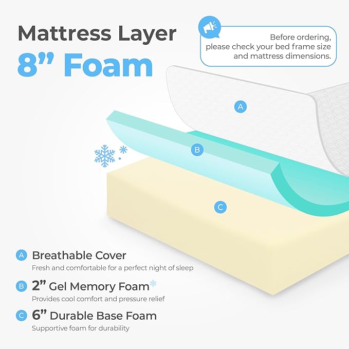 Neo Sleep 8 Inch Cal King Cooling Gel Memory Foam Mattress Medium Firm CertiPUR-US Certified Foam, Mattress in a Box Enhanced Pressure Relief Removable Soft Cover No Fiberglass (California King, 8 in)