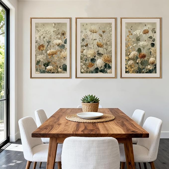 Anyzal Large Neutral Wildflower Farmhouse Framed Wall Art 16x24 Inch Vintage Floral Canvas Wall Decor Olive Botanical Art Prints for Living Room Bedroom Dining room