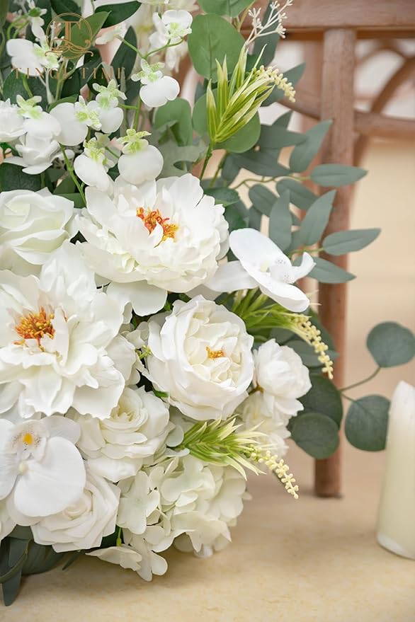 TINGE TIME Free-Standing Artificial Flower Set of 2, Table Centerpiece with Rubber Pad, Silk Fake Flower for Wedding Centerpiece Archway Aisle Welcome Entrance (IvoryWhite)