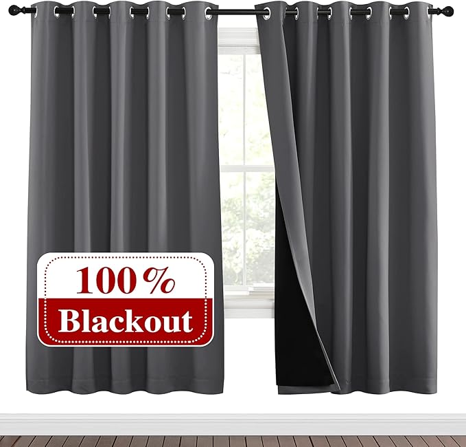 NICETOWN Grey Full Shade Curtain Panels, Pair of Energy Smart & Noise Blocking