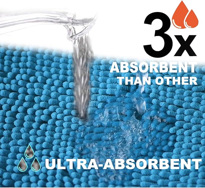RUN HELIX Teal Blue Bathroom Rugs Bath Mats for Chenillen Rug Set 3 Piece Non-Slip Mats, Absorbent Shaggy Rugs, Machine Wash, Perfect Plush Carpets Set, 16〞x24〞&20〞x32〞&20〞x20〞U Shape
