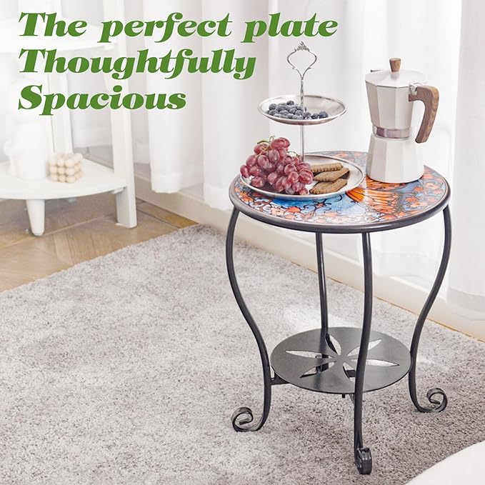 Outdoor Side Table Mosaic Patio Small End Table Metal Coffee Tea Accent Table for Patio Living Room Bedroom Yard Porch Garden (Red Butterfly)