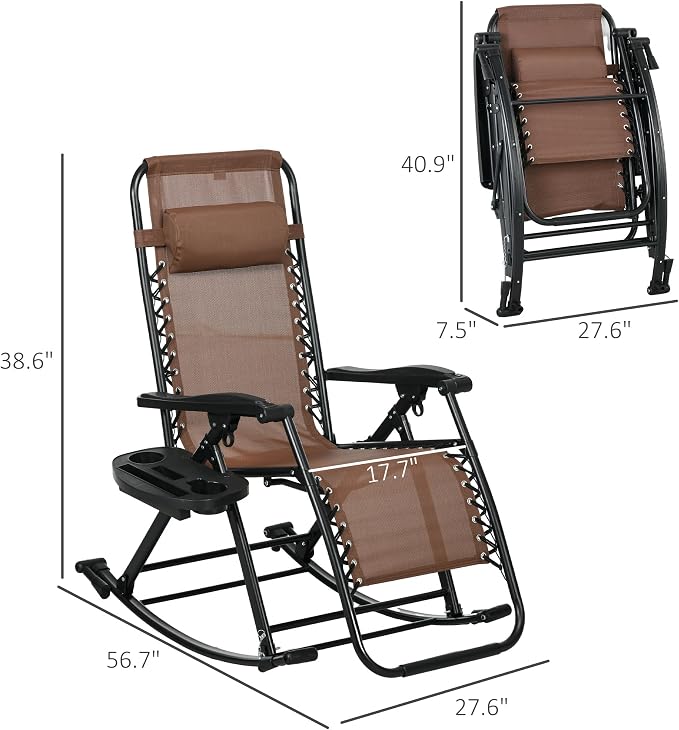 Outsunny Set of 2 Outdoor Rocking Chairs, Foldable Reclining Zero Gravity Lounge Rocker with Pillow, Cup & Phone Holder, Combo Design with Folding Legs, Brown