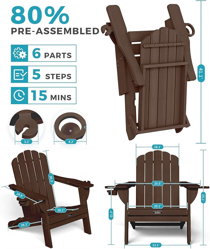 Adirondack Chairs Set of 6, Fire Pit Chairs, Wood Texture Patio Chairs with 2 Cup Holder, Outdoor Lawn Chair, Brown