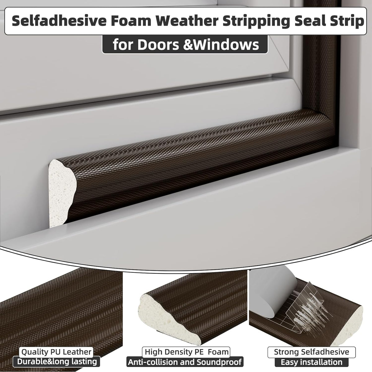 3 Pack*16.4 Ft Weather Stripping Seal Strip for Doors,Soundproofing Window Insulation Draft Stopper for Winter, Selfadhesive Foam Weather Strip for Door Frame,Door Gap Filler Noise Blocker(Brown)
