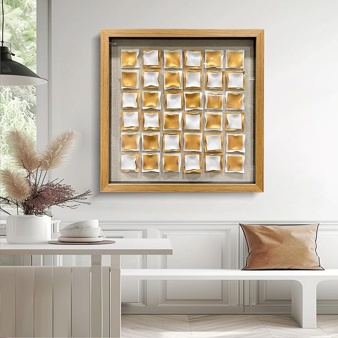 BrightA Gold and White Geometric Wall Sculpture Reflective 3D Textured Panels Brushed Metal Texture with Wave Modern Framed Abstract Art for Bedroom Office Decor 23.6"x23.6"